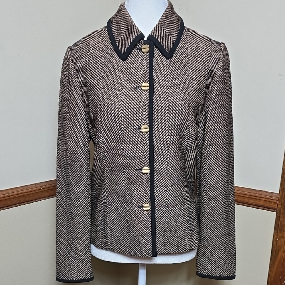 St. John Collection Brown Herringbone Blazer with Black Trim